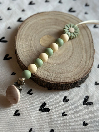 Handmade Beige & Green Daisy Dummy Clip, BPA Free Silicone Beads and Wooden Clip, Unique Dummy Clip Gift