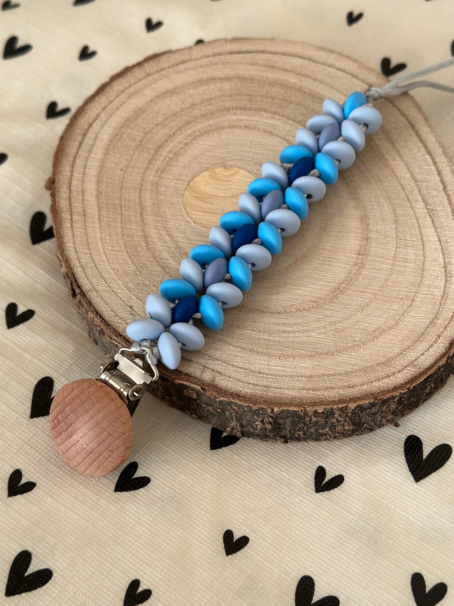 Handmade Blue Dummy Clip, BPA Free Silicone Beads and Wooden Clip, Unique Dummy Clip Gift