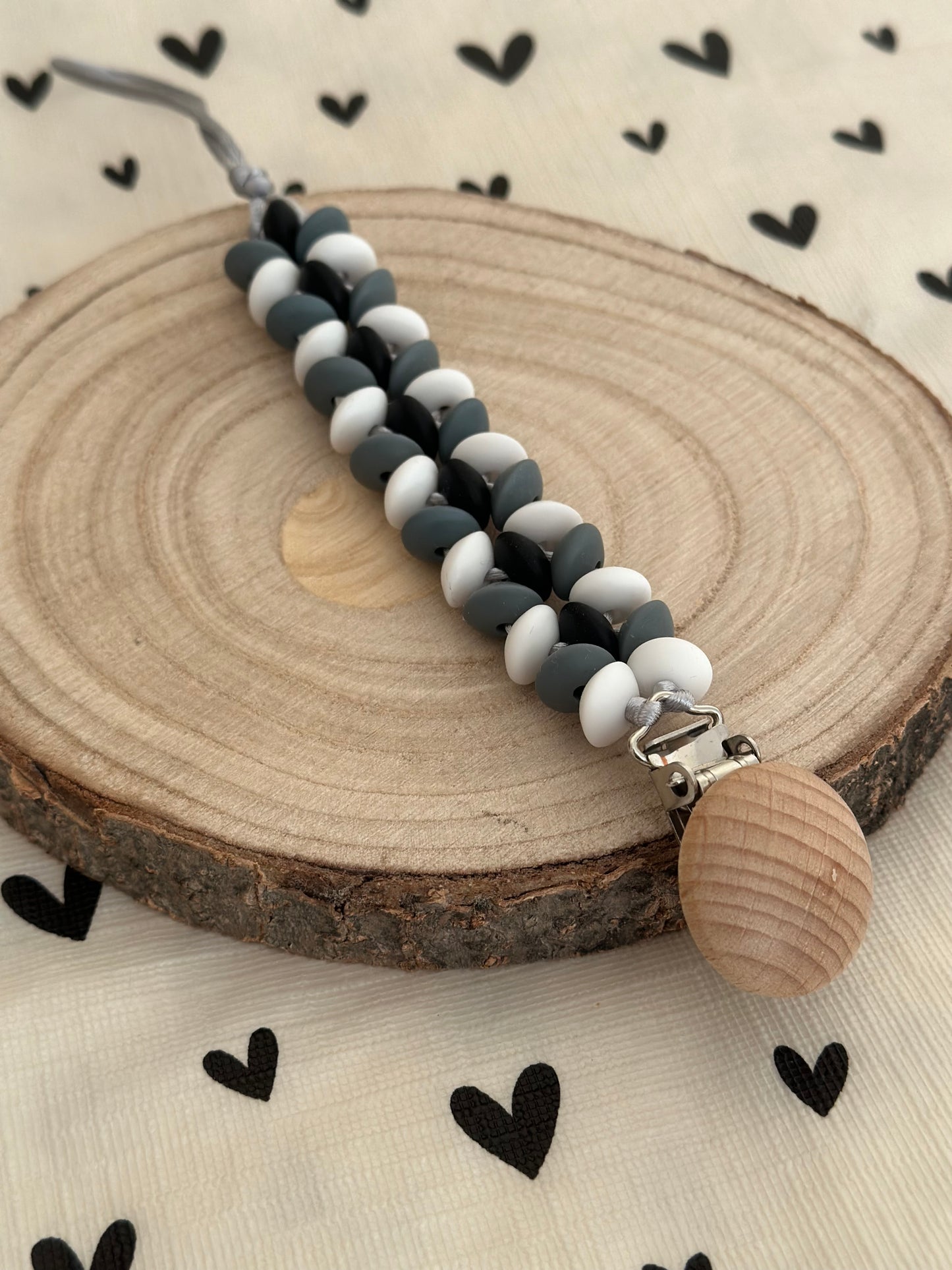 Handmade Black, Grey & White Dummy Clip, BPA Free Silicone Beads and Wooden Clip, Unique Dummy Clip Gift