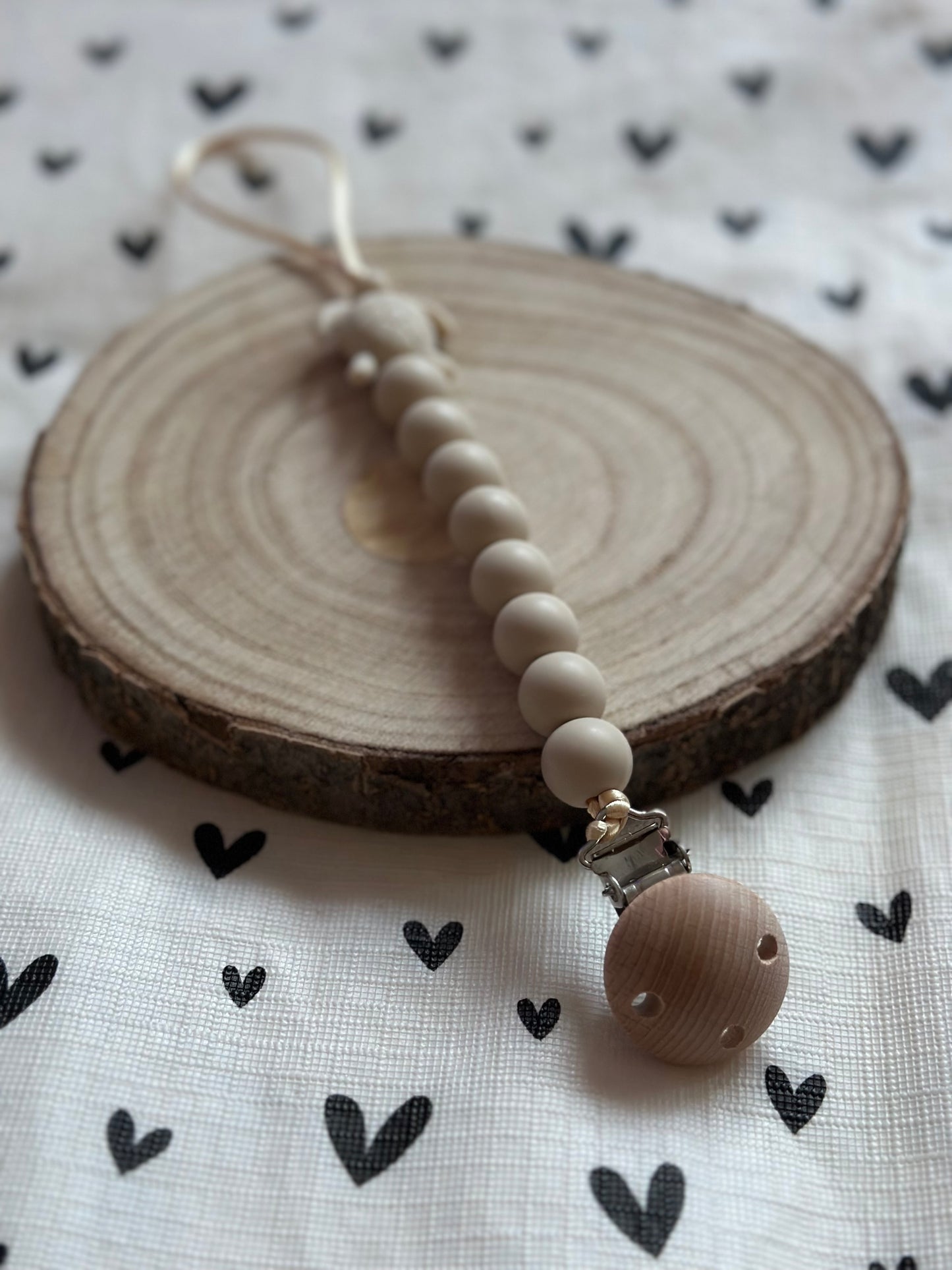 Handmade Beige Turtle Dummy Clip, BPA Free Silicone Beads and Wooden Clip, Unique Dummy Clip Gift