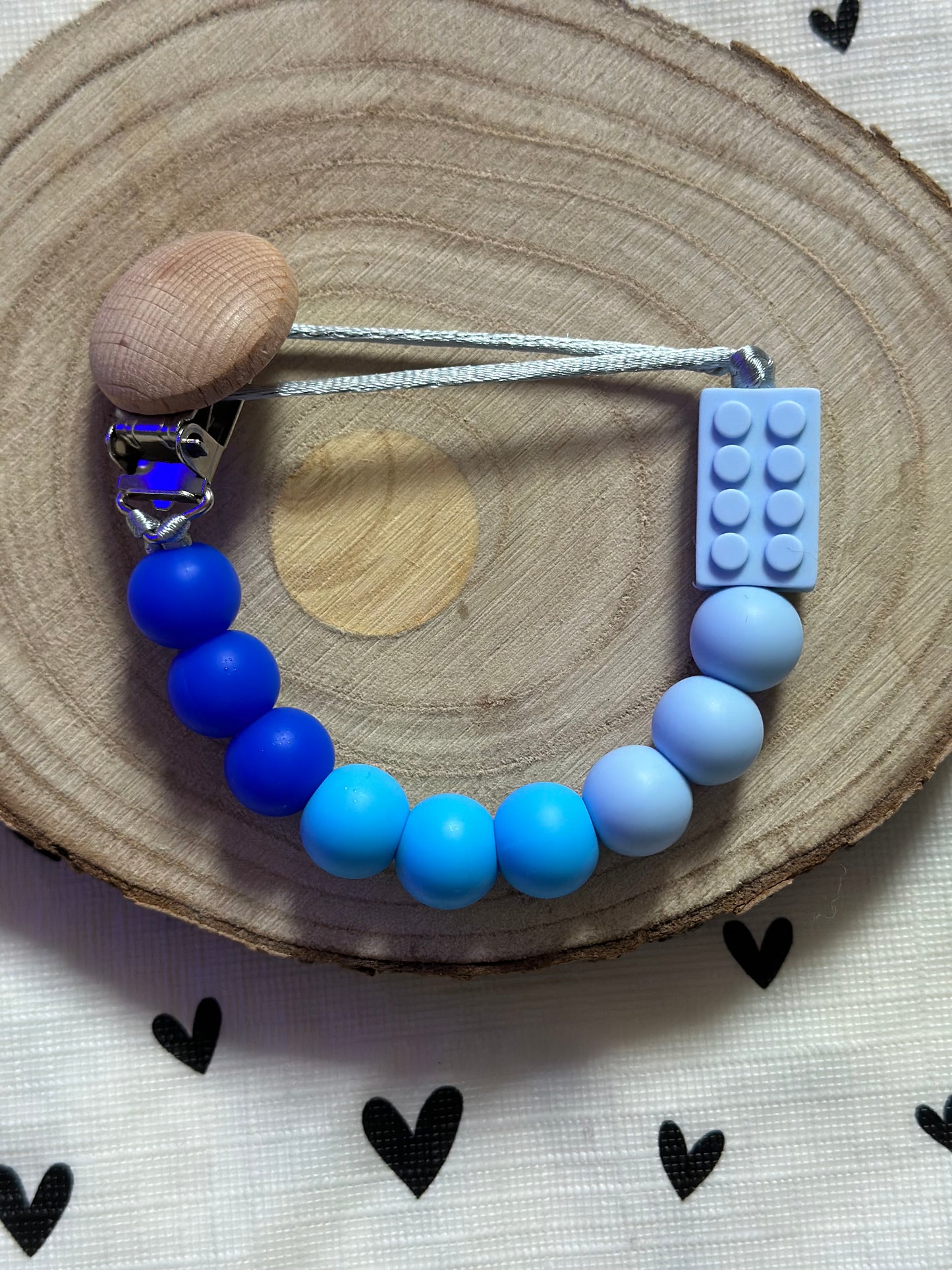 Handmade Blue Lego Block Dummy Clip, BPA Free Silicone Beads and Wooden Clip, Unique Dummy Clip Gift