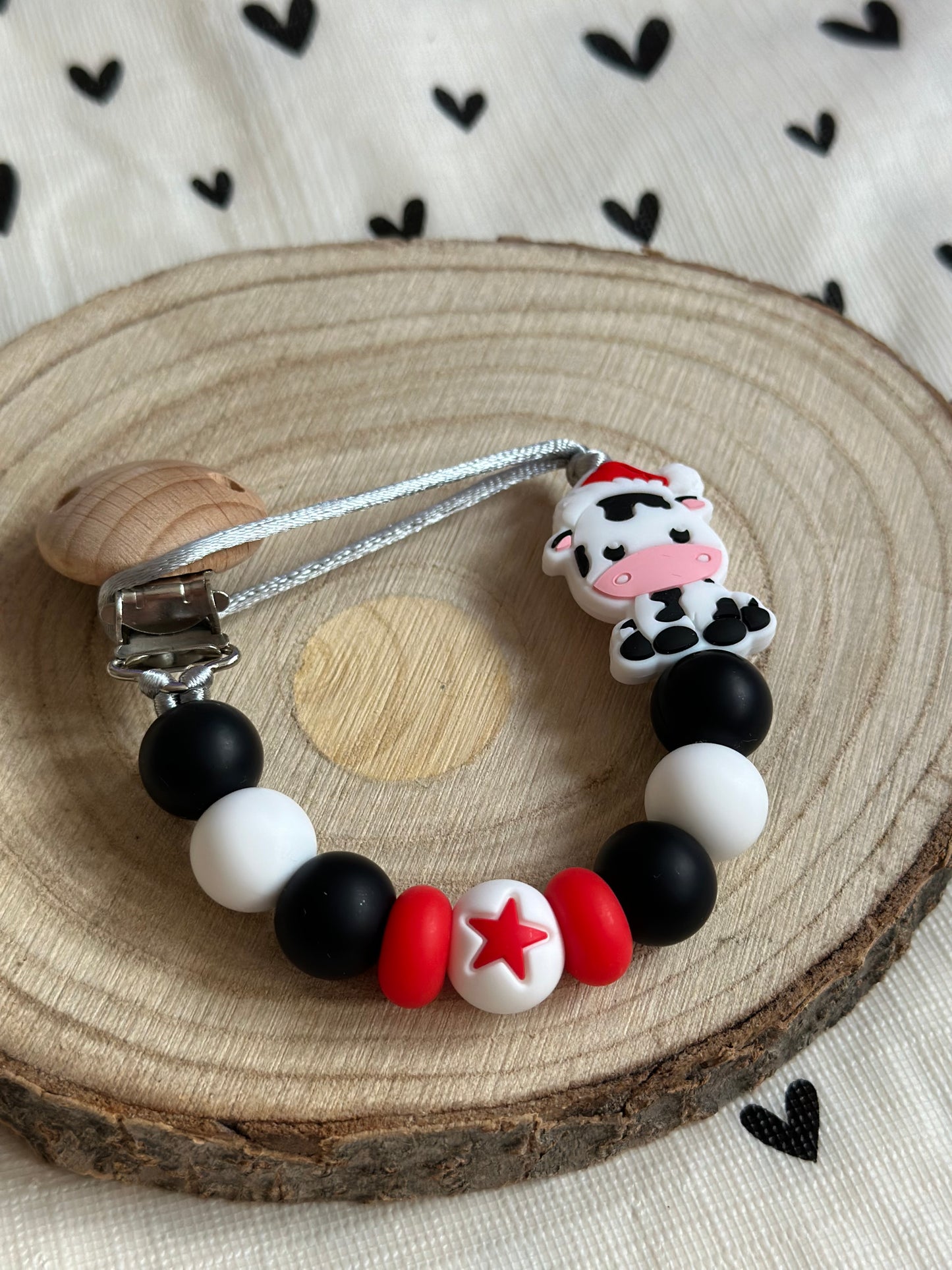 Handmade Black, White & Red Christmas Cow Dummy Clip, BPA Free Silicone Beads and Wooden Clip, Unique Dummy Clip - Christmas