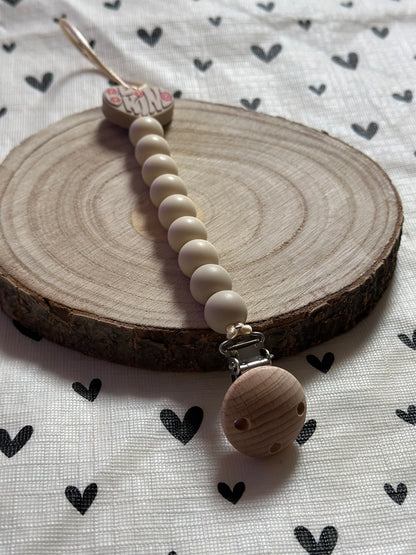 Handmade Be Kind Heart Beige Dummy Clip, BPA Free Silicone Beads and Wooden Clip, Unique Dummy Clip Gift