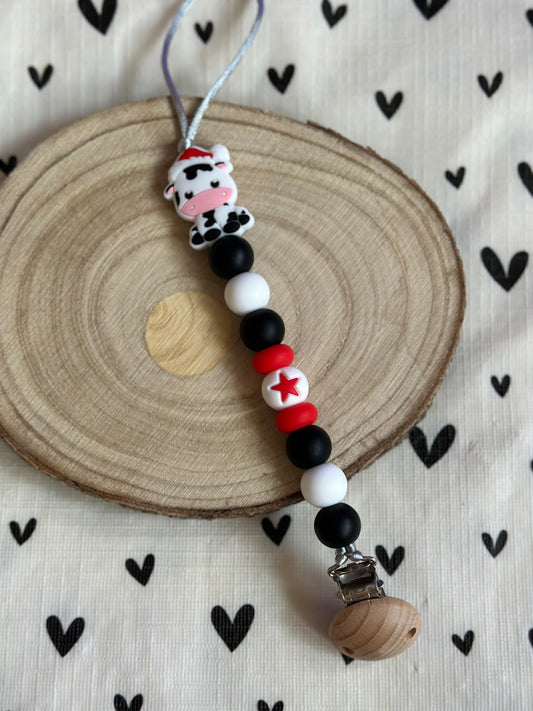 Handmade Black, White & Red Christmas Cow Dummy Clip, BPA Free Silicone Beads and Wooden Clip, Unique Dummy Clip - Christmas