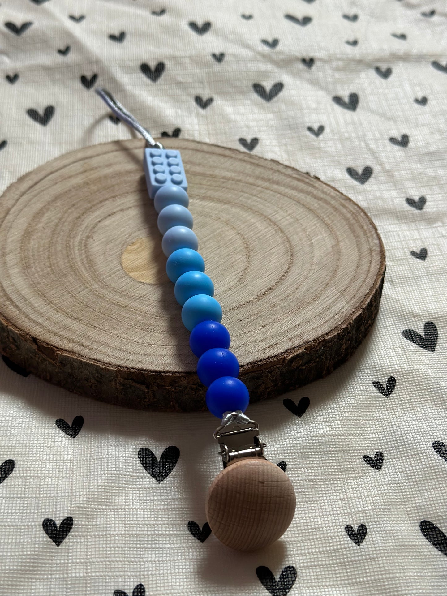 Handmade Blue Lego Block Dummy Clip, BPA Free Silicone Beads and Wooden Clip, Unique Dummy Clip Gift