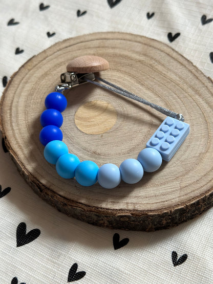 Handmade Blue Lego Block Dummy Clip, BPA Free Silicone Beads and Wooden Clip, Unique Dummy Clip Gift