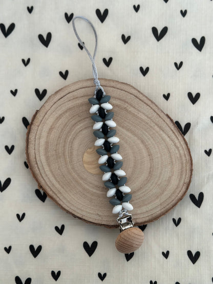 Handmade Black, Grey & White Dummy Clip, BPA Free Silicone Beads and Wooden Clip, Unique Dummy Clip Gift