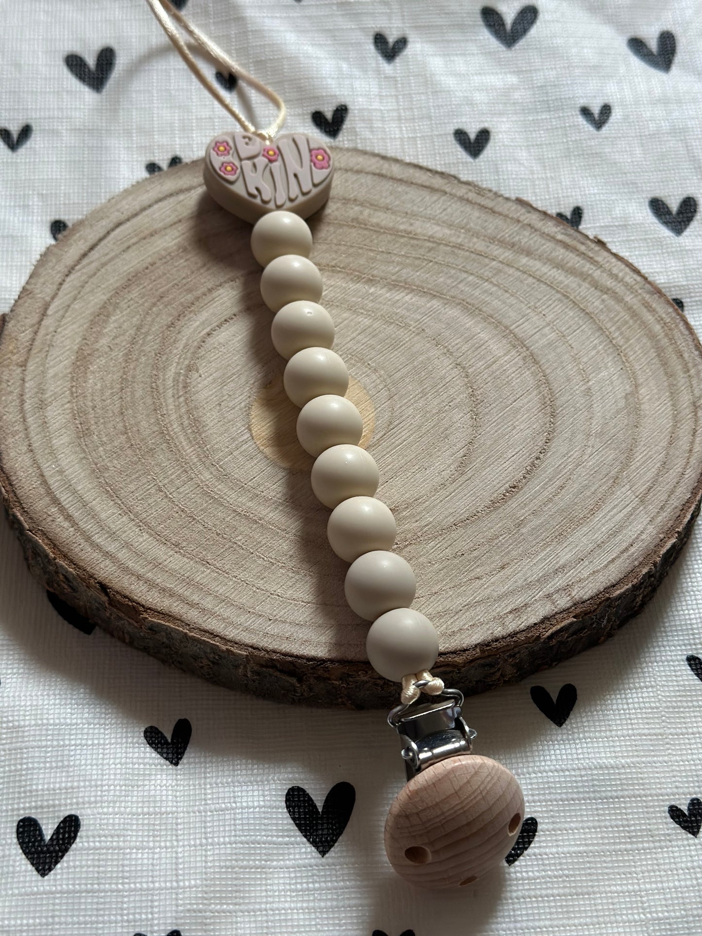 Handmade Be Kind Heart Beige Dummy Clip, BPA Free Silicone Beads and Wooden Clip, Unique Dummy Clip Gift