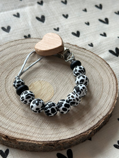 Handmade Black and White Cow Print Dummy Clip, BPA Free Silicone Beads and Wooden Clip, Unique Dummy Clip Gift