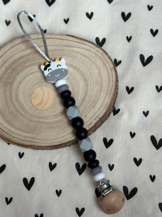 Handmade Black, Grey & White Happy Cow Dummy Clip, BPA Free Silicone Beads and Wooden Clip, Unique Dummy Clip Gift