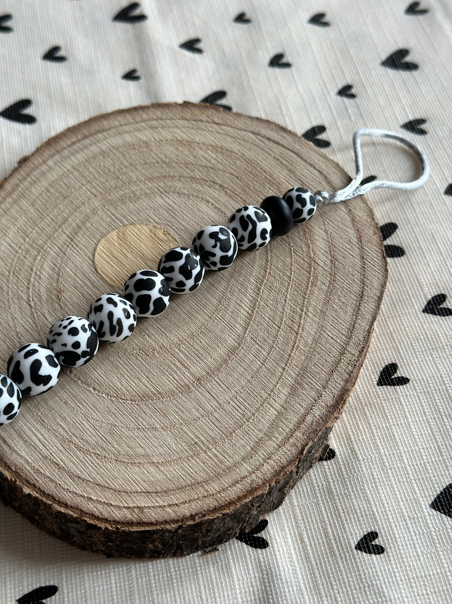 Handmade Black and White Cow Print Dummy Clip, BPA Free Silicone Beads and Wooden Clip, Unique Dummy Clip Gift