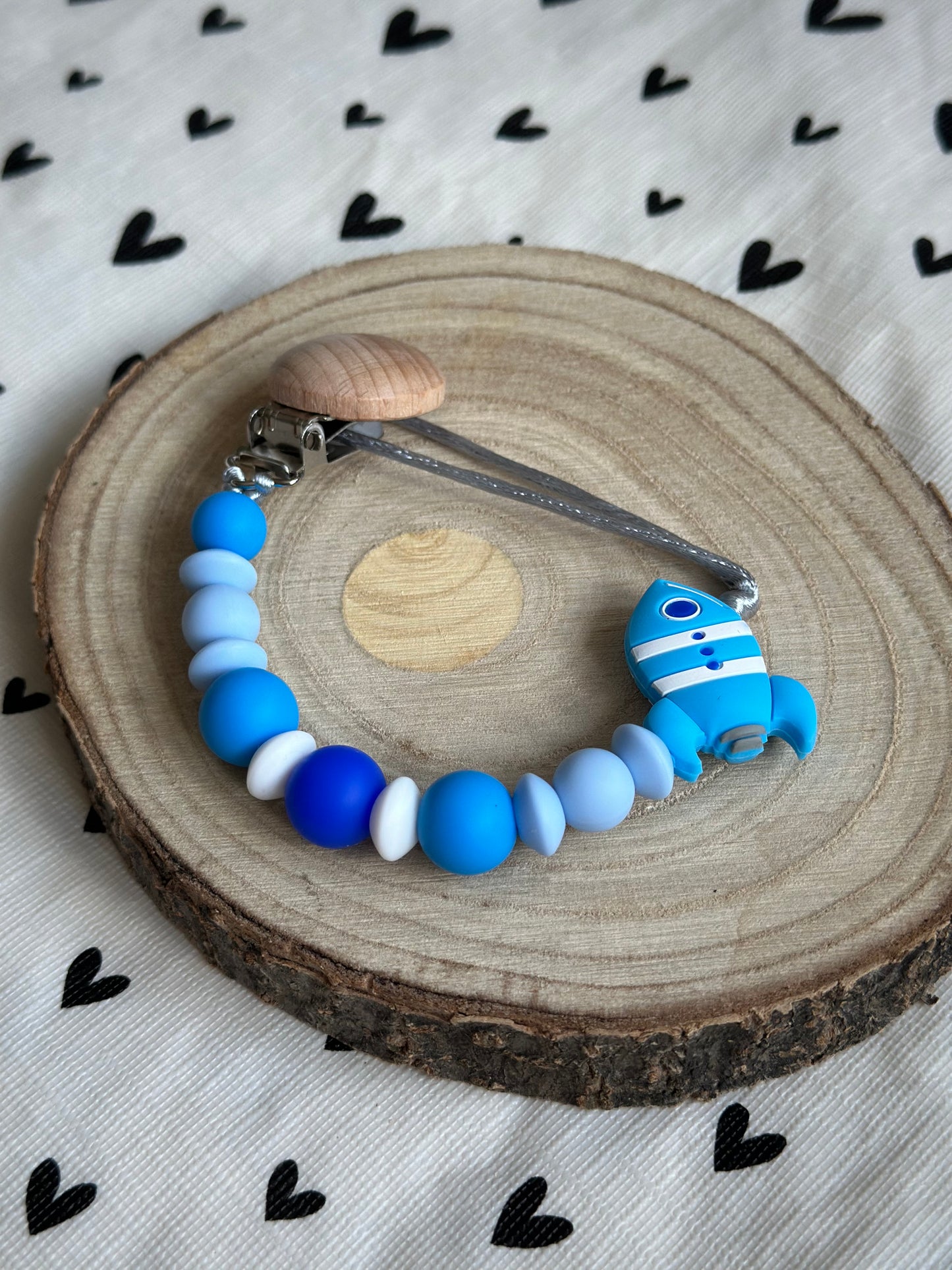 Handmade Blue Rocket Dummy Clip, BPA Free Silicone Beads and Wooden Clip, Unique Dummy Clip