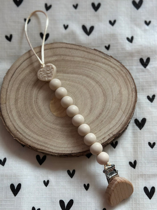 Handmade Beige Heart Dummy Clip, BPA Free Silicone Beads and Wooden Clip, Unique Dummy Clip Gift