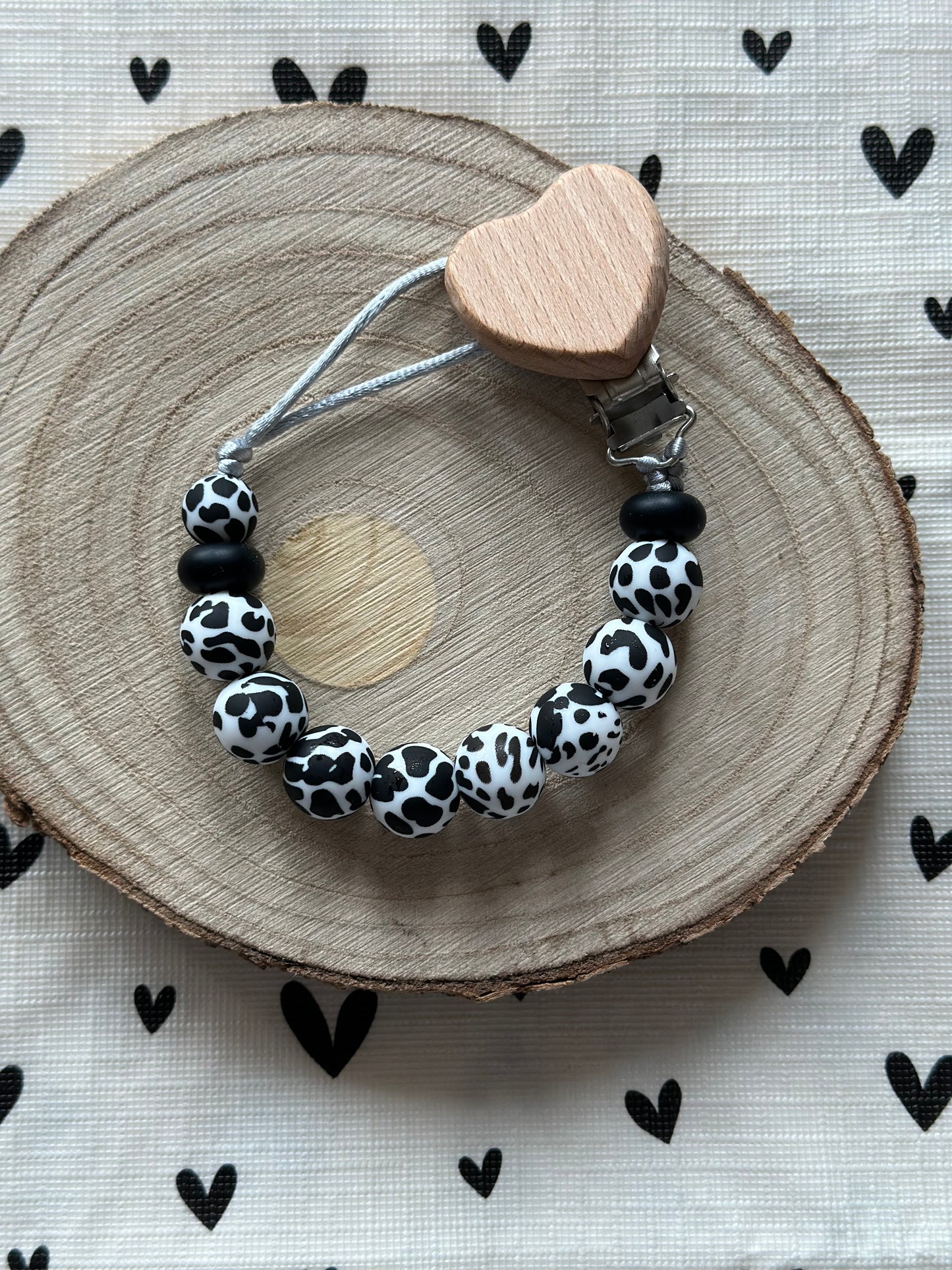 Handmade Black and White Cow Print Dummy Clip, BPA Free Silicone Beads and Wooden Clip, Unique Dummy Clip Gift