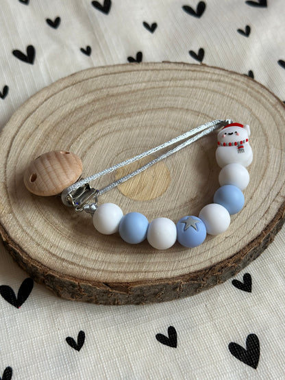 Handmade Blue & White with Snowman Dummy Clip, BPA Free Silicone Beads and Wooden Clip, Unique Dummy Clip - Christmas