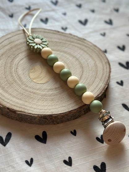 Handmade Beige & Green Daisy Dummy Clip, BPA Free Silicone Beads and Wooden Clip, Unique Dummy Clip Gift