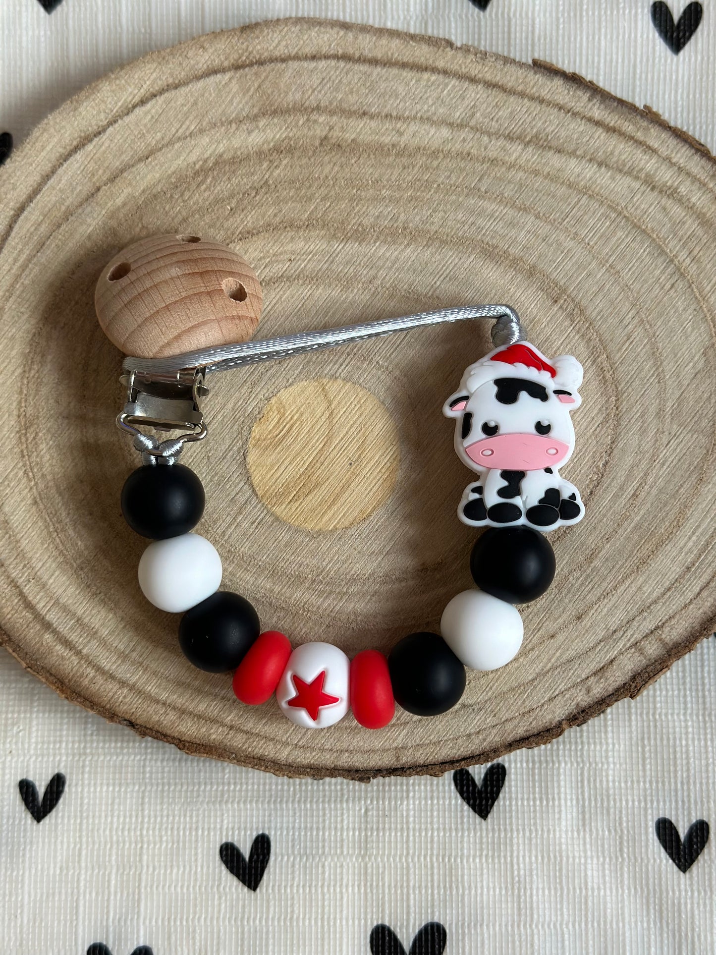 Handmade Black, White & Red Christmas Cow Dummy Clip, BPA Free Silicone Beads and Wooden Clip, Unique Dummy Clip - Christmas