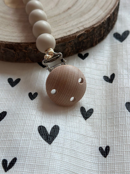 Handmade Beige Turtle Dummy Clip, BPA Free Silicone Beads and Wooden Clip, Unique Dummy Clip Gift