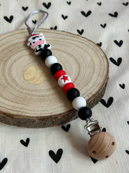 Handmade Black, White & Red Christmas Cow Dummy Clip, BPA Free Silicone Beads and Wooden Clip, Unique Dummy Clip - Christmas