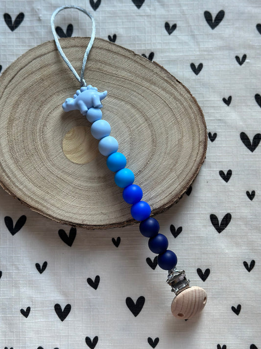 Handmade Blue Dinosaur with Ombre Blue Beads Dummy Clip, BPA Free Silicone Beads and Wooden Clip, Unique Dummy Clip Gift