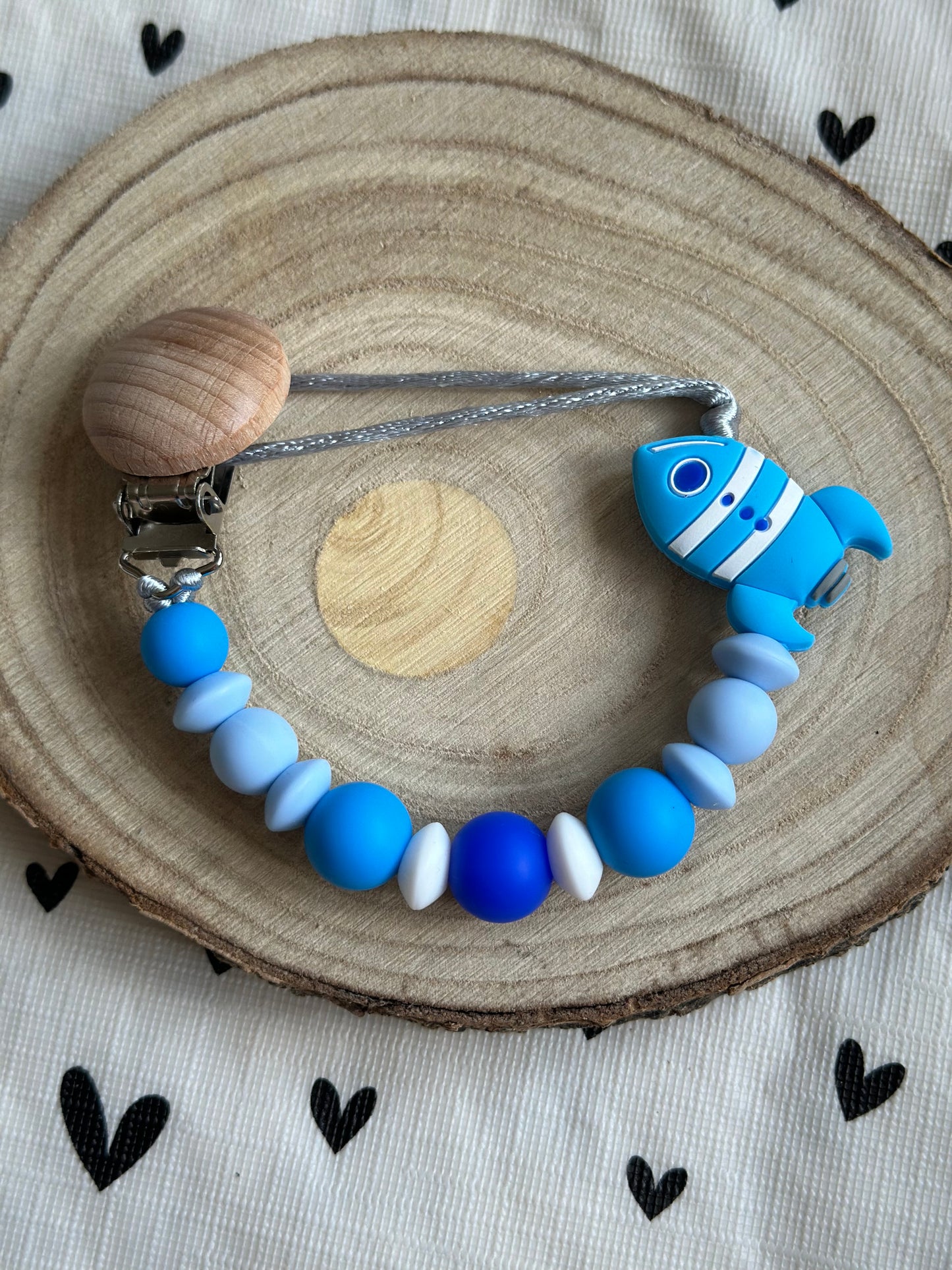 Handmade Blue Rocket Dummy Clip, BPA Free Silicone Beads and Wooden Clip, Unique Dummy Clip