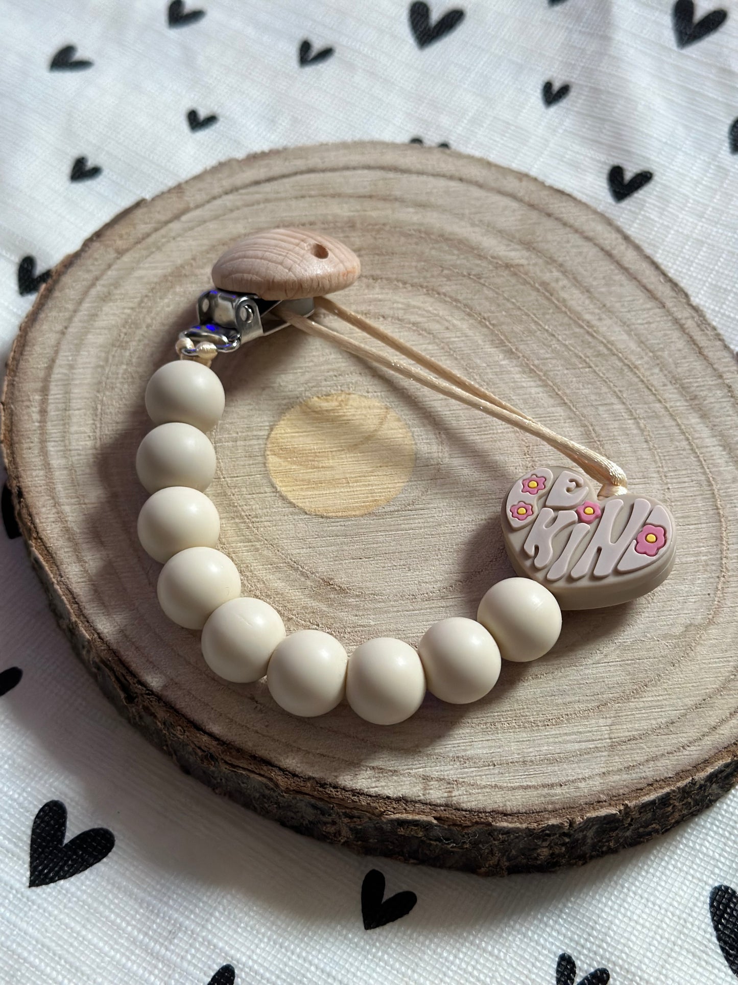 Handmade Be Kind Heart Beige Dummy Clip, BPA Free Silicone Beads and Wooden Clip, Unique Dummy Clip Gift