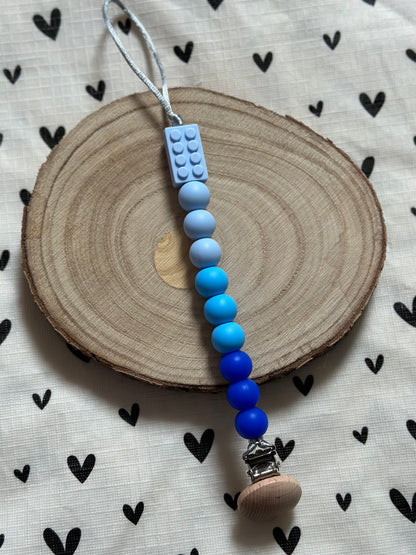 Handmade Blue Lego Block Dummy Clip, BPA Free Silicone Beads and Wooden Clip, Unique Dummy Clip Gift