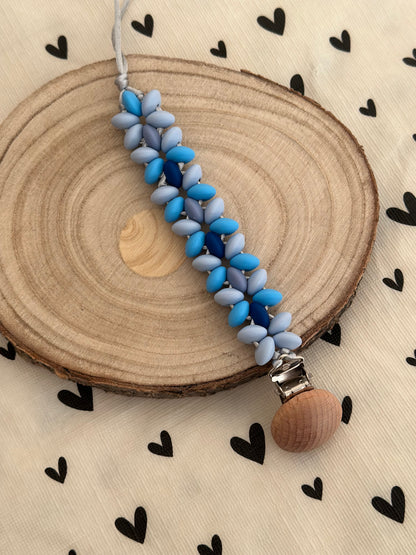 Handmade Blue Dummy Clip, BPA Free Silicone Beads and Wooden Clip, Unique Dummy Clip Gift