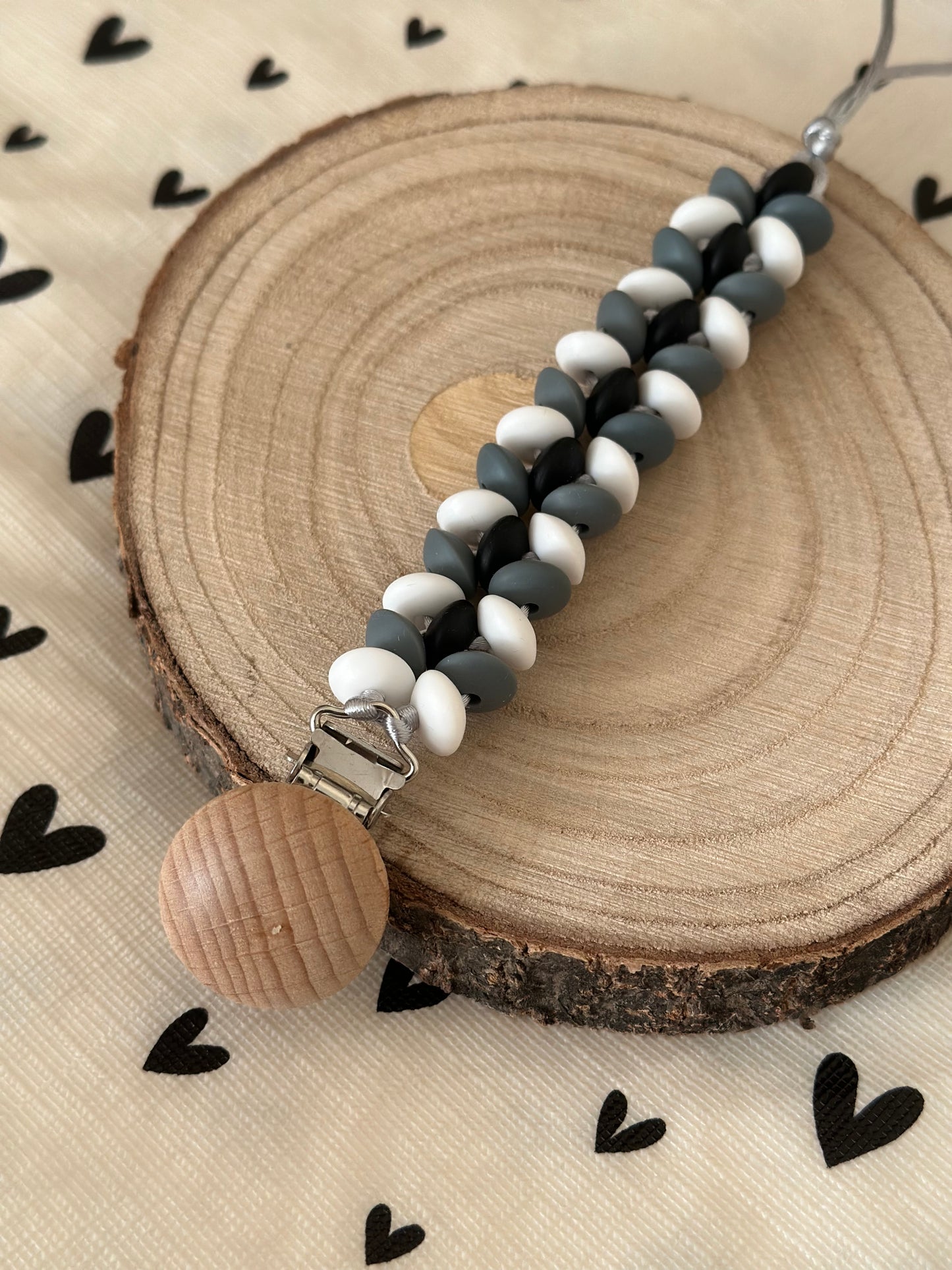 Handmade Black, Grey & White Dummy Clip, BPA Free Silicone Beads and Wooden Clip, Unique Dummy Clip Gift