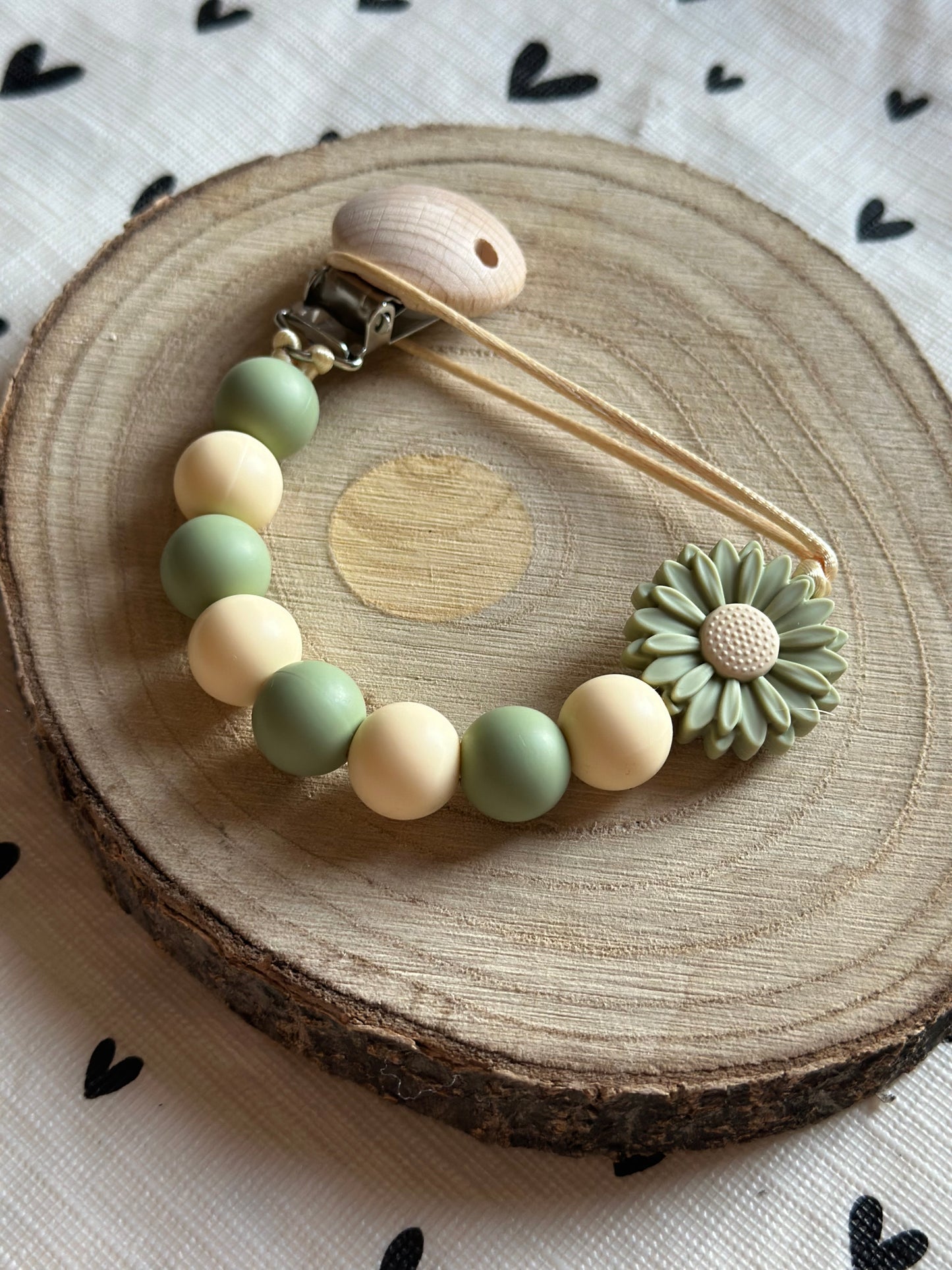 Handmade Beige & Green Daisy Dummy Clip, BPA Free Silicone Beads and Wooden Clip, Unique Dummy Clip Gift