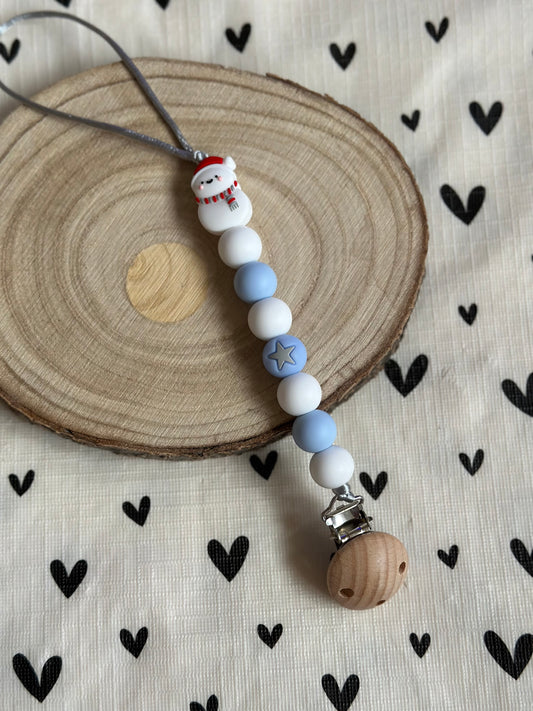 Handmade Blue & White with Snowman Dummy Clip, BPA Free Silicone Beads and Wooden Clip, Unique Dummy Clip - Christmas