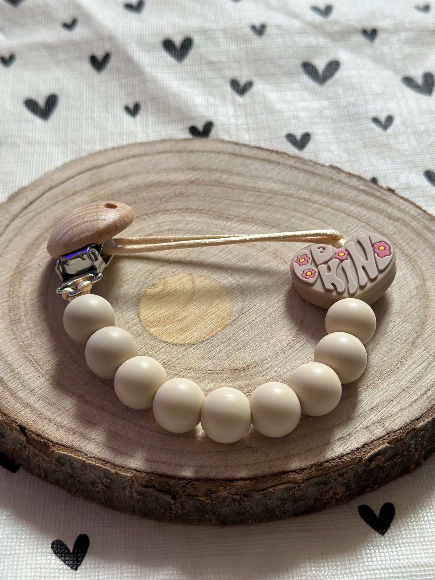 Handmade Be Kind Heart Beige Dummy Clip, BPA Free Silicone Beads and Wooden Clip, Unique Dummy Clip Gift