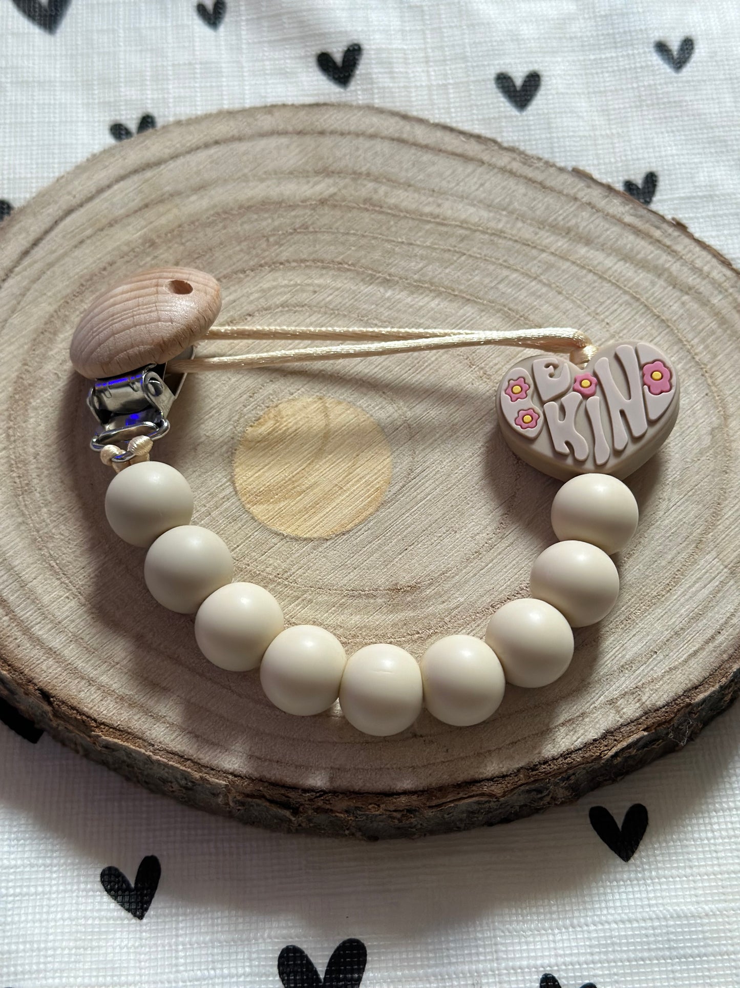 Handmade Be Kind Heart Beige Dummy Clip, BPA Free Silicone Beads and Wooden Clip, Unique Dummy Clip Gift