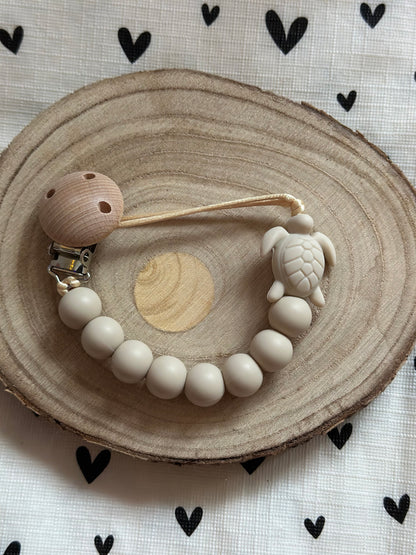 Handmade Beige Turtle Dummy Clip, BPA Free Silicone Beads and Wooden Clip, Unique Dummy Clip Gift