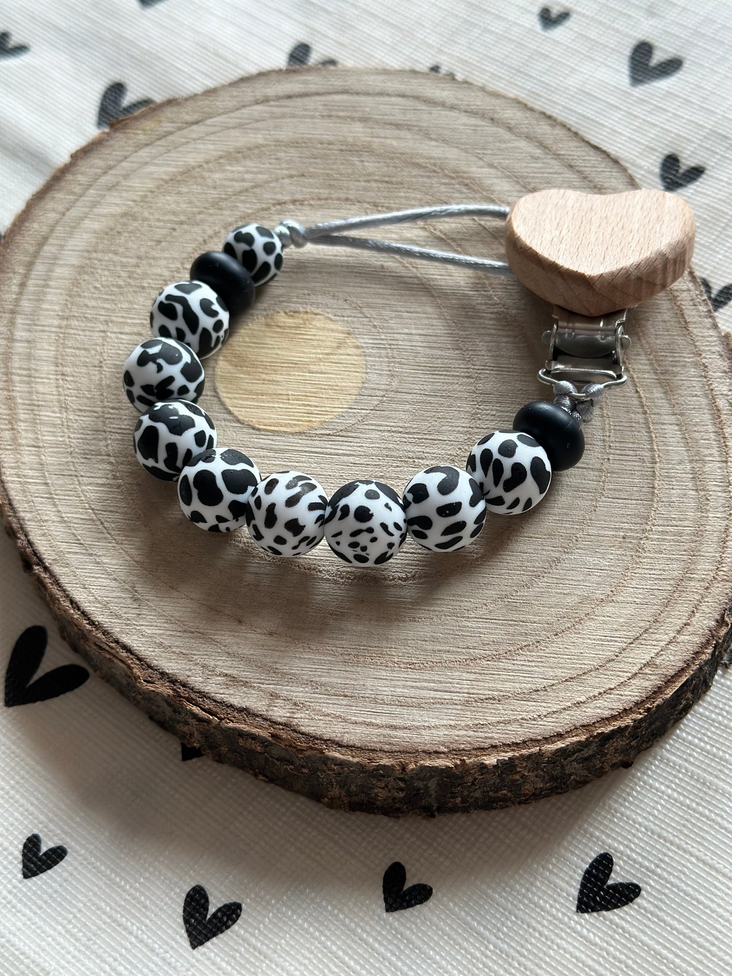 Handmade Black and White Cow Print Dummy Clip, BPA Free Silicone Beads and Wooden Clip, Unique Dummy Clip Gift