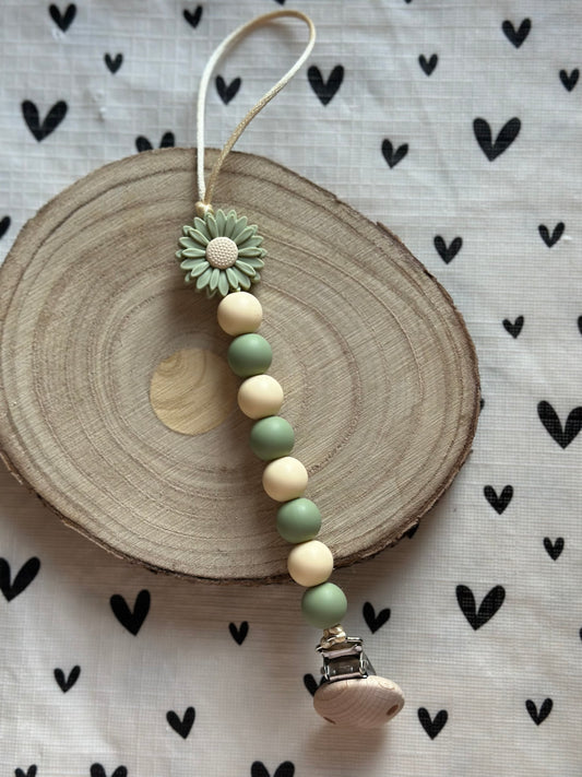 Handmade Beige & Green Daisy Dummy Clip, BPA Free Silicone Beads and Wooden Clip, Unique Dummy Clip Gift