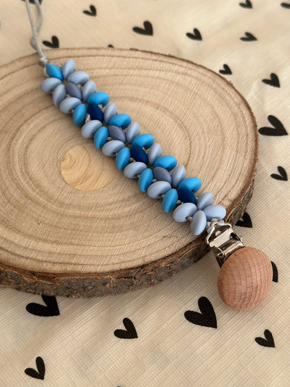 Handmade Blue Dummy Clip, BPA Free Silicone Beads and Wooden Clip, Unique Dummy Clip Gift