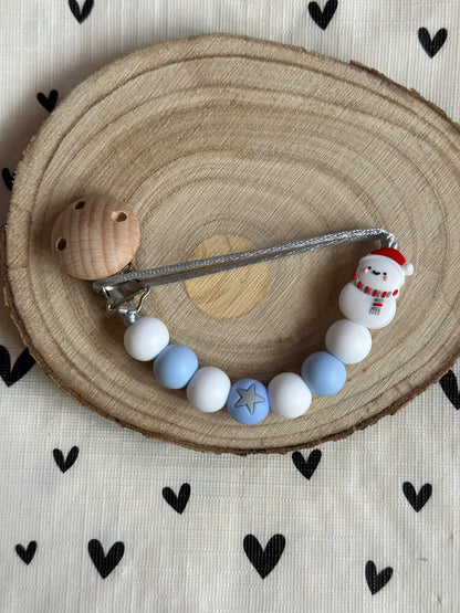 Handmade Blue & White with Snowman Dummy Clip, BPA Free Silicone Beads and Wooden Clip, Unique Dummy Clip - Christmas