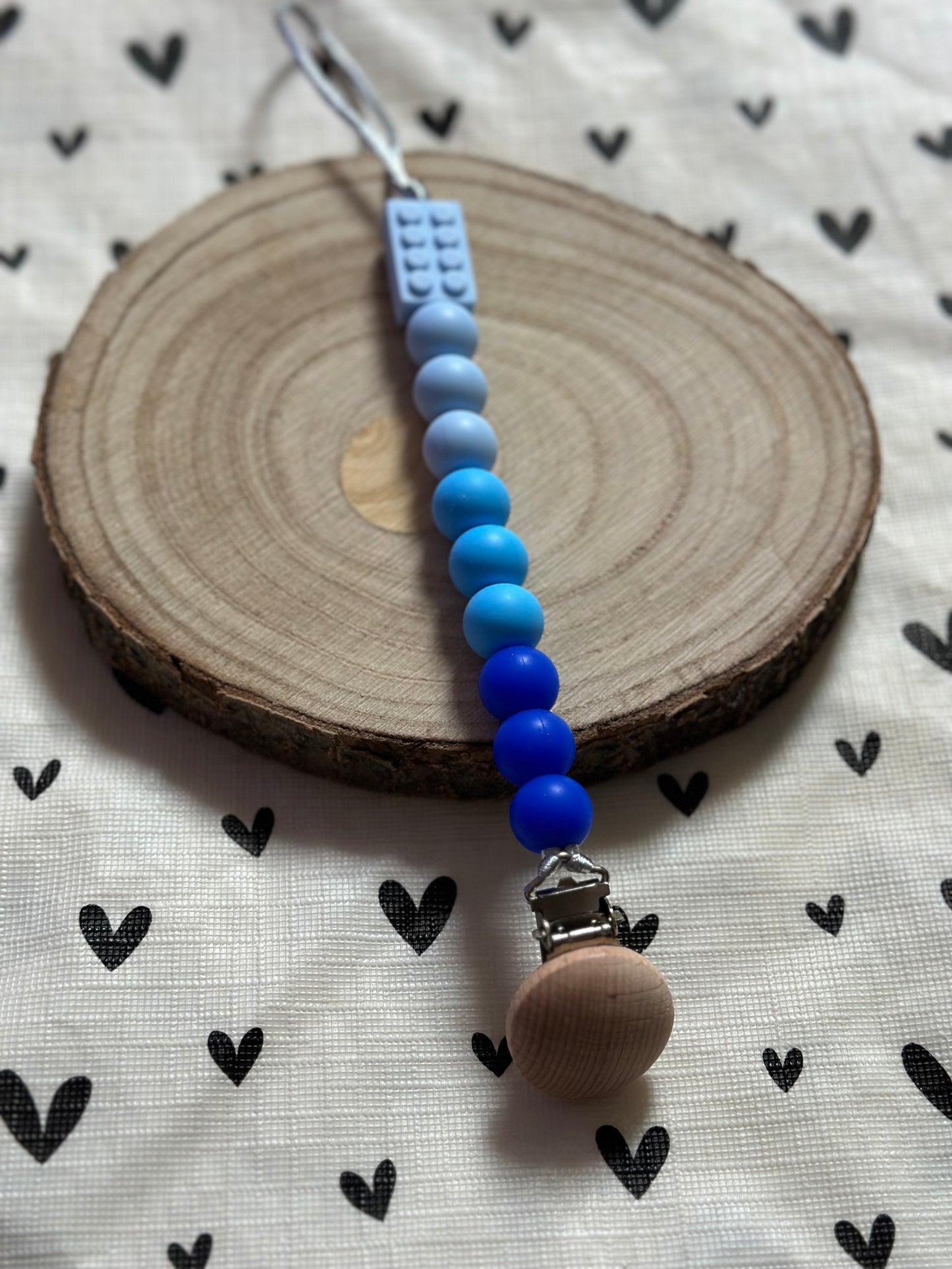 Handmade Blue Lego Block Dummy Clip, BPA Free Silicone Beads and Wooden Clip, Unique Dummy Clip Gift