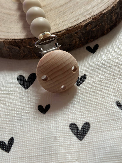 Handmade Be Kind Heart Beige Dummy Clip, BPA Free Silicone Beads and Wooden Clip, Unique Dummy Clip Gift