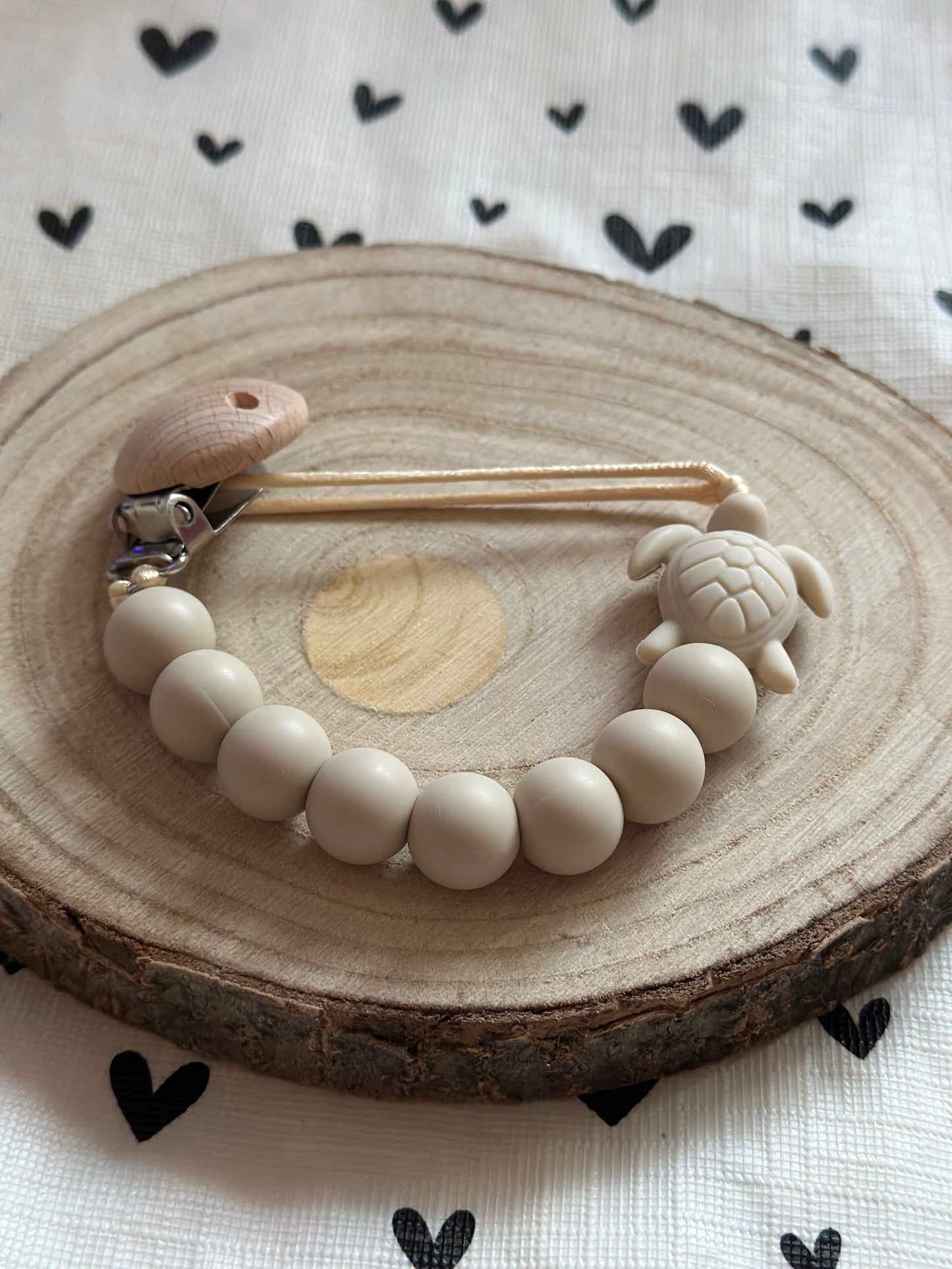 Handmade Beige Turtle Dummy Clip, BPA Free Silicone Beads and Wooden Clip, Unique Dummy Clip Gift