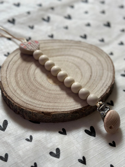 Handmade Be Kind Heart Beige Dummy Clip, BPA Free Silicone Beads and Wooden Clip, Unique Dummy Clip Gift