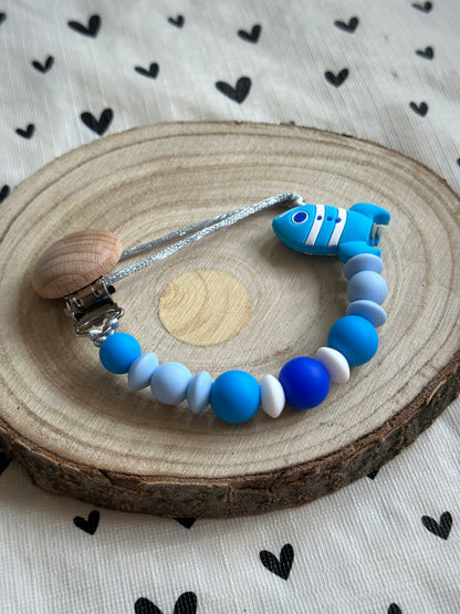 Handmade Blue Rocket Dummy Clip, BPA Free Silicone Beads and Wooden Clip, Unique Dummy Clip