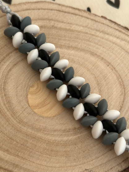 Handmade Black, Grey & White Dummy Clip, BPA Free Silicone Beads and Wooden Clip, Unique Dummy Clip Gift