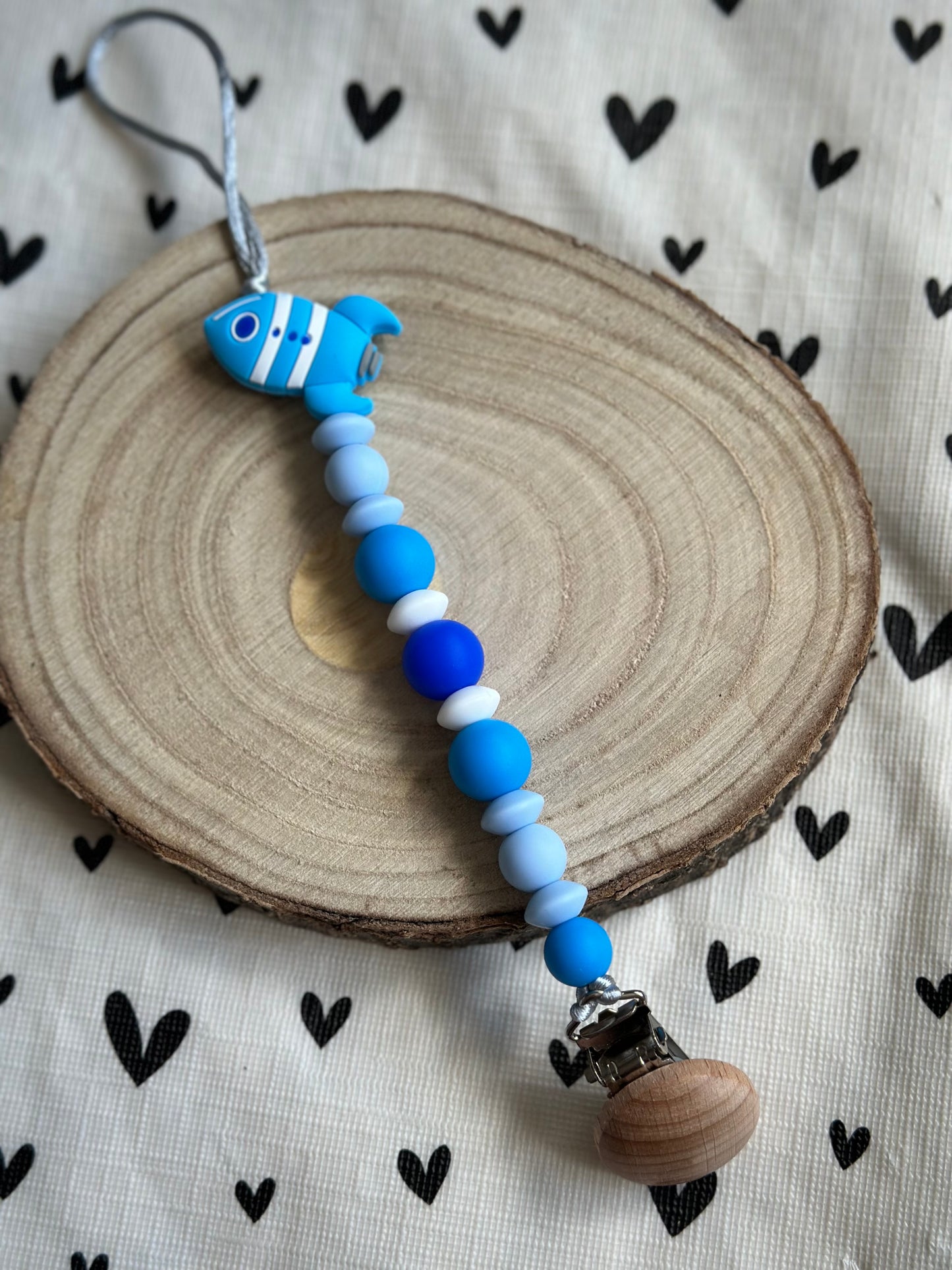 Handmade Blue Rocket Dummy Clip, BPA Free Silicone Beads and Wooden Clip, Unique Dummy Clip