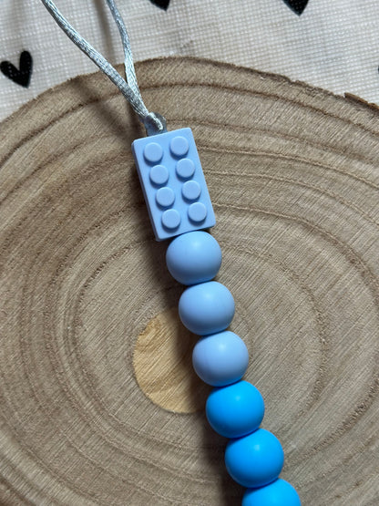 Handmade Blue Lego Block Dummy Clip, BPA Free Silicone Beads and Wooden Clip, Unique Dummy Clip Gift