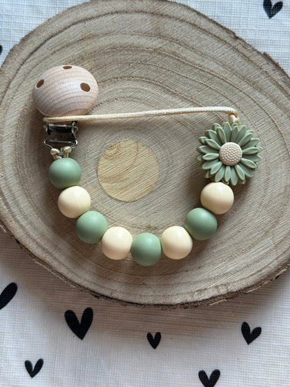 Handmade Beige & Green Daisy Dummy Clip, BPA Free Silicone Beads and Wooden Clip, Unique Dummy Clip Gift