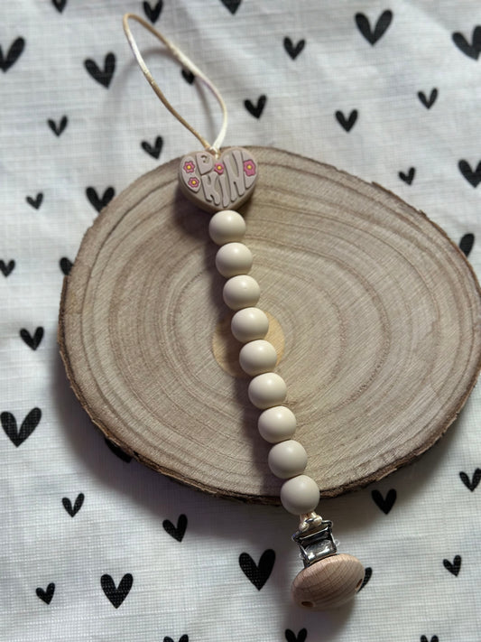 Handmade Be Kind Heart Beige Dummy Clip, BPA Free Silicone Beads and Wooden Clip, Unique Dummy Clip Gift