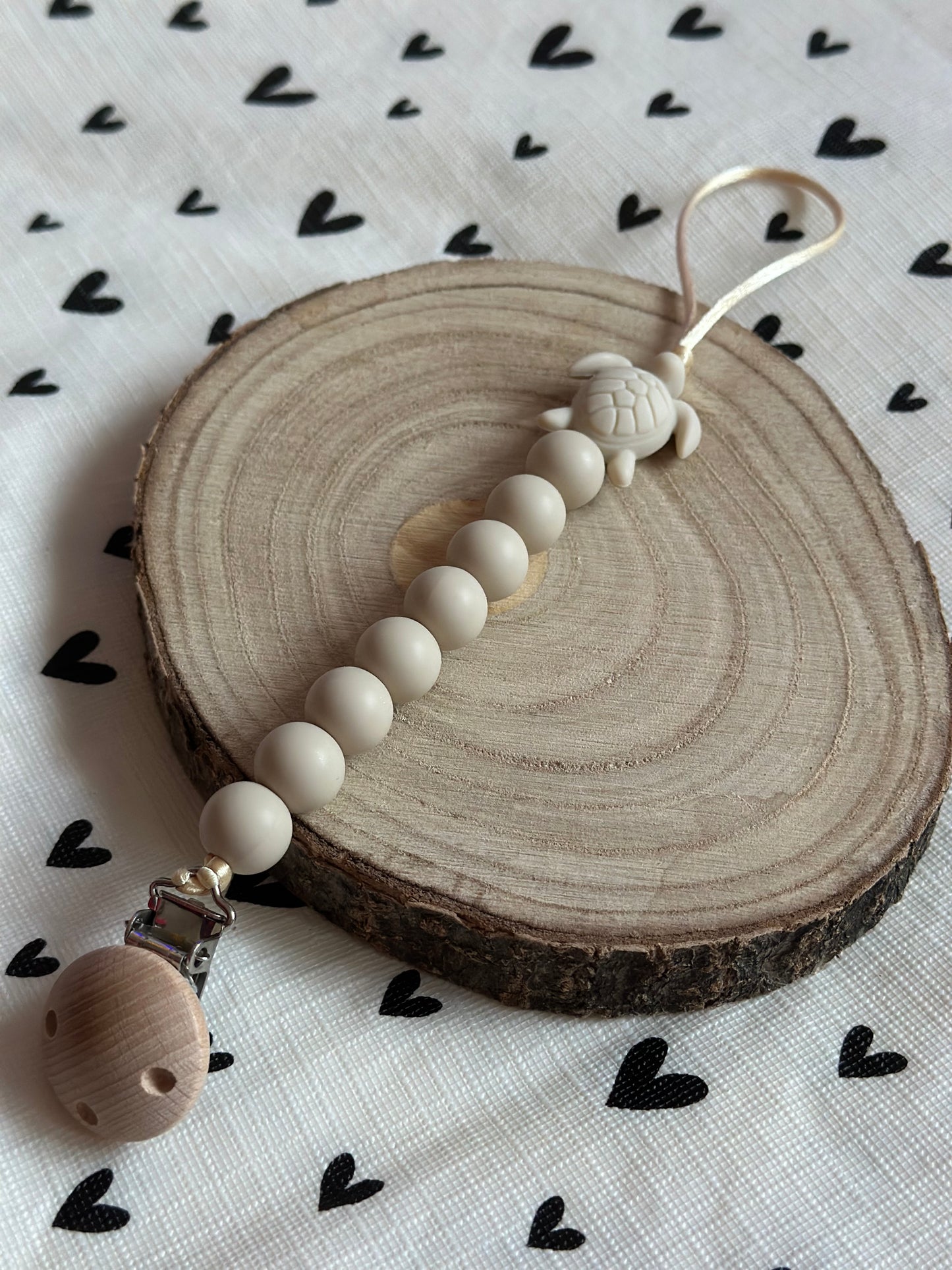 Handmade Beige Turtle Dummy Clip, BPA Free Silicone Beads and Wooden Clip, Unique Dummy Clip Gift