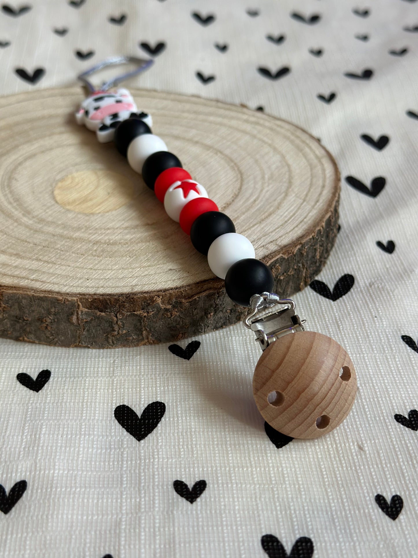 Handmade Black, White & Red Christmas Cow Dummy Clip, BPA Free Silicone Beads and Wooden Clip, Unique Dummy Clip - Christmas